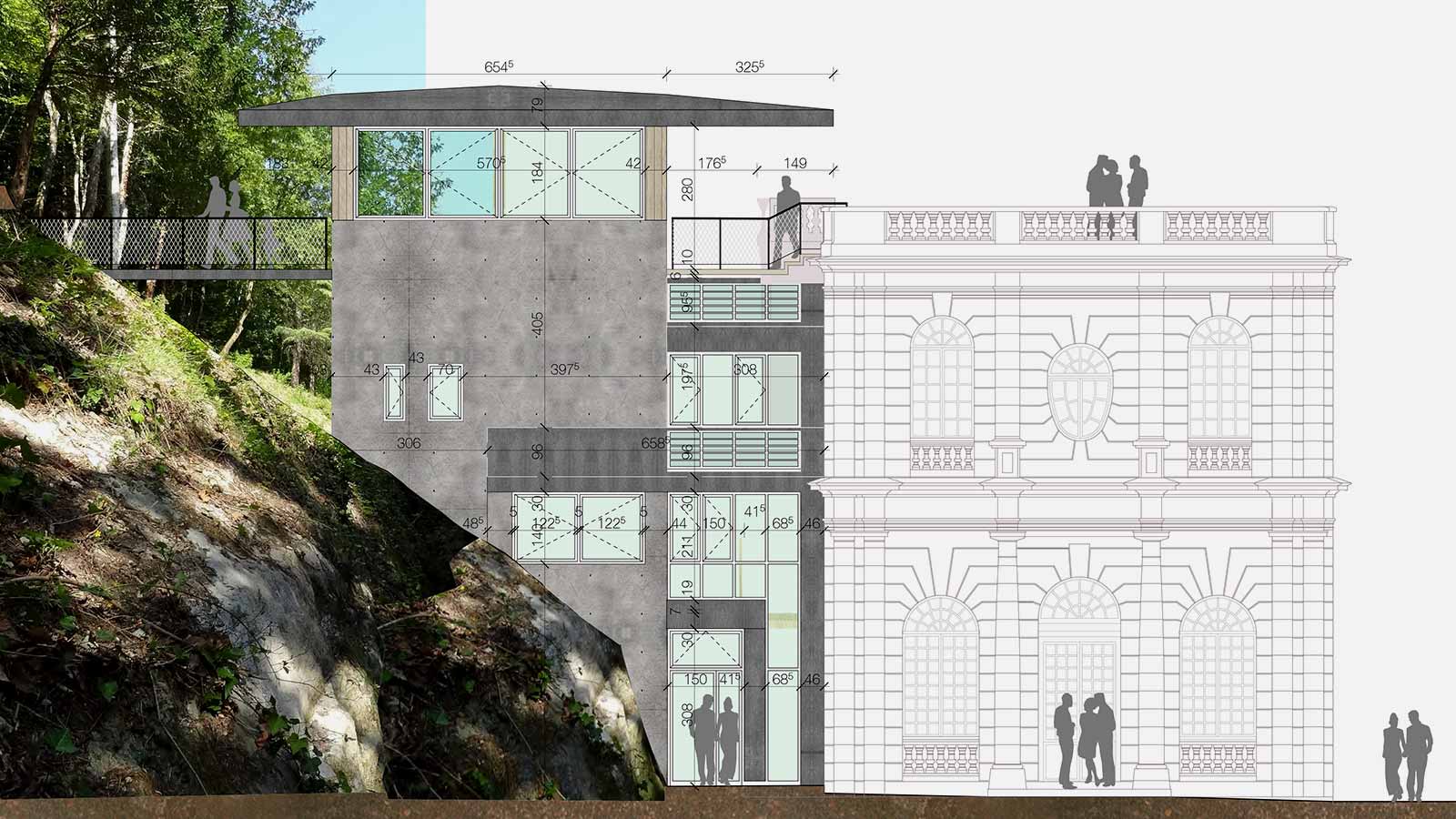Dessin technique du nouveau bâtiment accolé à la partie ancienne de l'auberge.