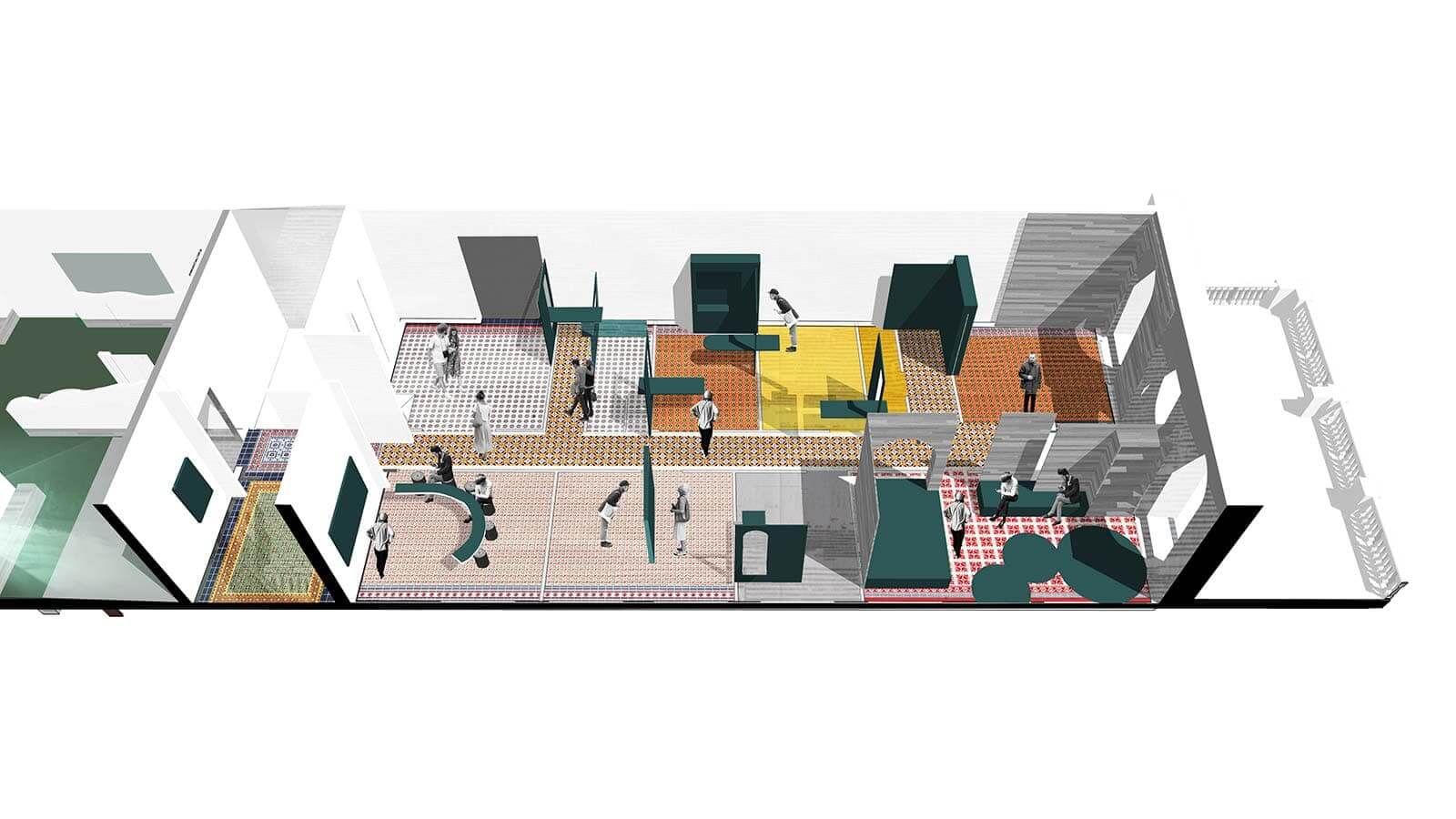 Vue 3D de la scénographie d'un des espaces d'exposition, à l'est du bâtiment.